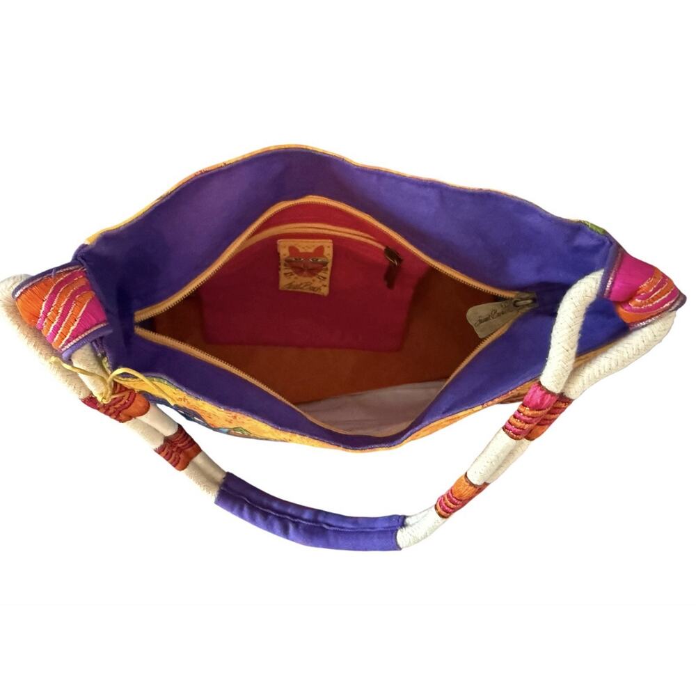 Laurel Burch Fantasticats Purse Shoulder Bag 6 Cats Zip Canvas Wood Bag Charm - Picture 11 of 15